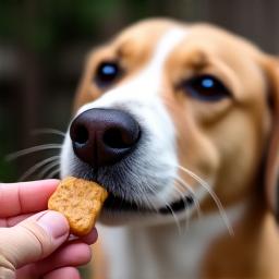 Hand die een hond een traktatie geeft